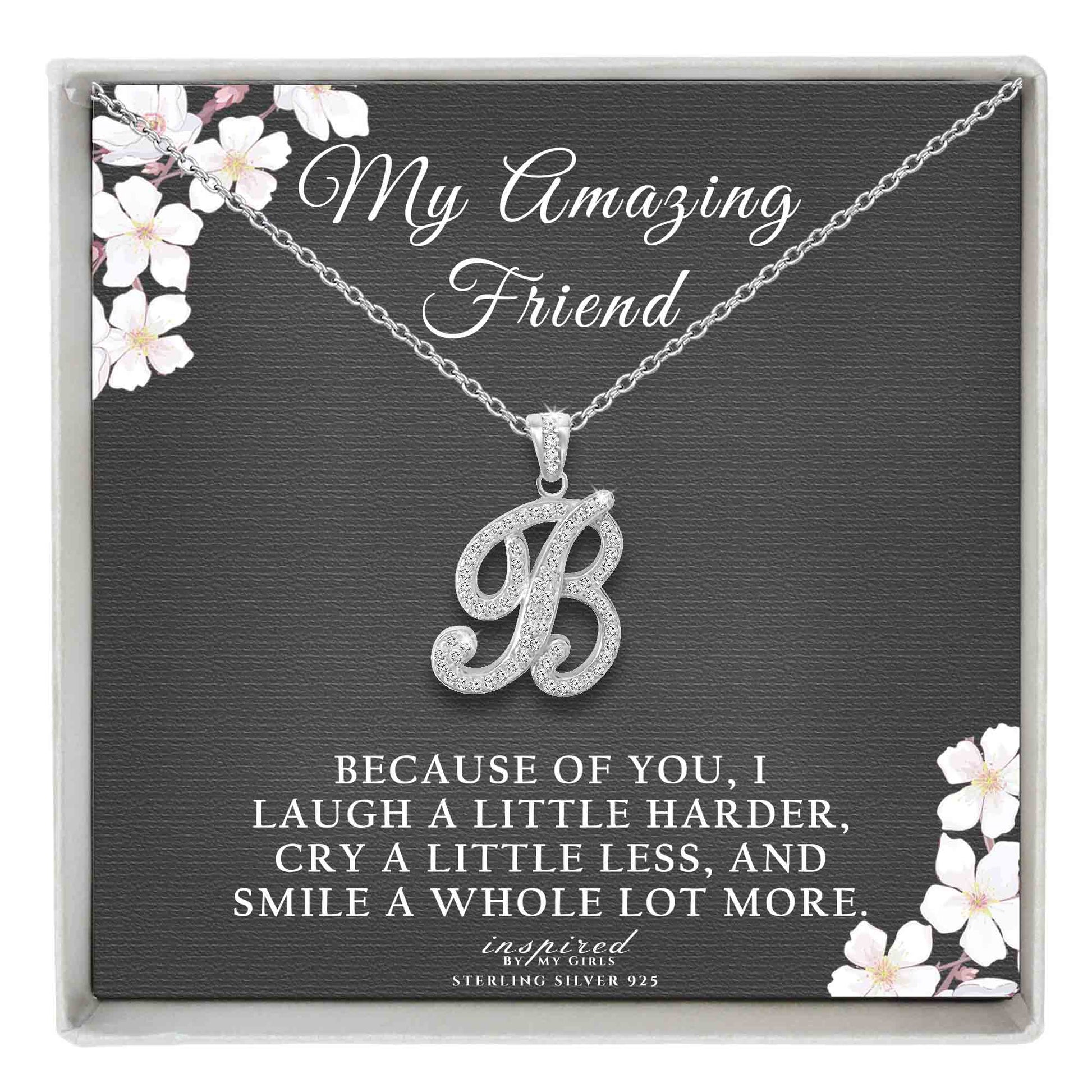 Sterling Silver Initial Necklace CZ Cursive Script Letter Adjustable Chain Keepsake Card Gift