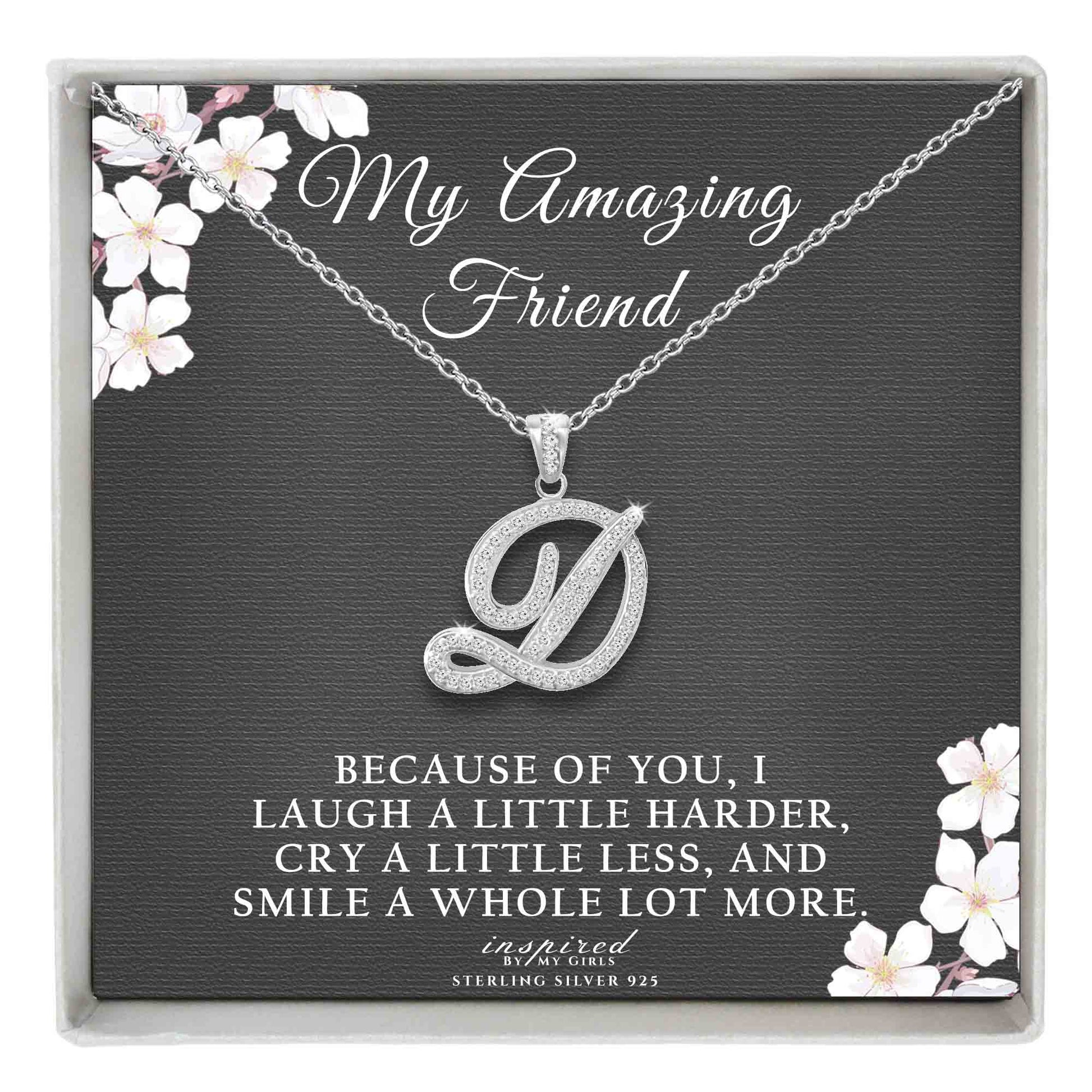 Sterling Silver Initial Necklace CZ Cursive Script Letter Adjustable Chain Keepsake Card Gift
