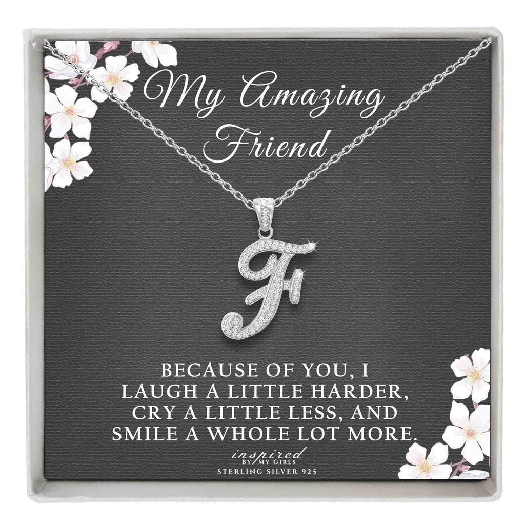 Sterling Silver Initial Necklace CZ Cursive Script Letter Adjustable Chain Keepsake Card Gift