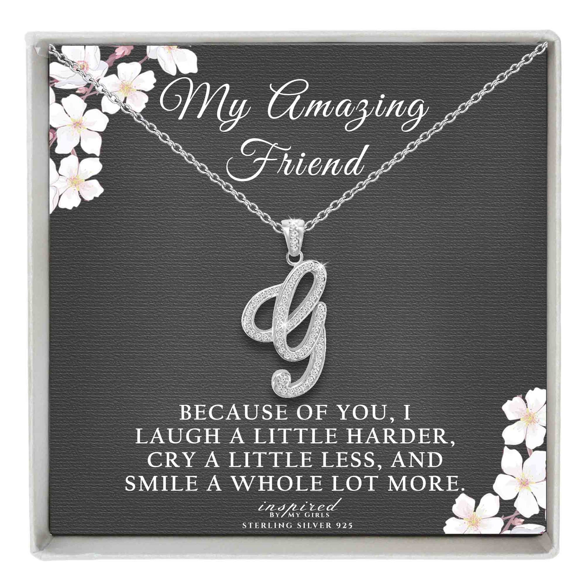 Sterling Silver Initial Necklace CZ Cursive Script Letter Adjustable Chain Keepsake Card Gift
