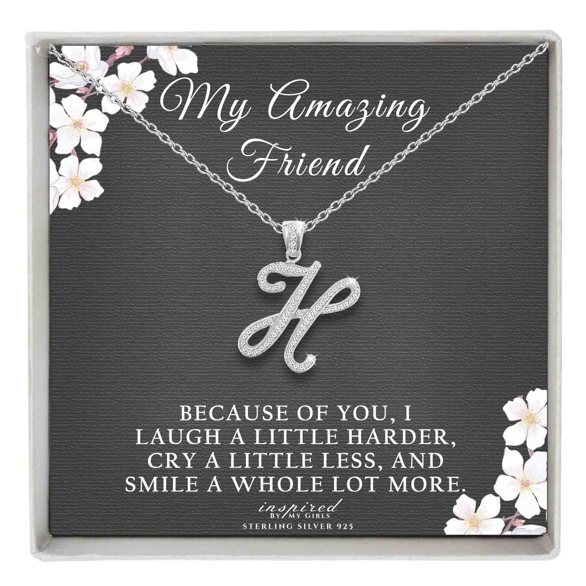 Sterling Silver Initial Necklace CZ Cursive Script Letter Adjustable Chain Keepsake Card Gift