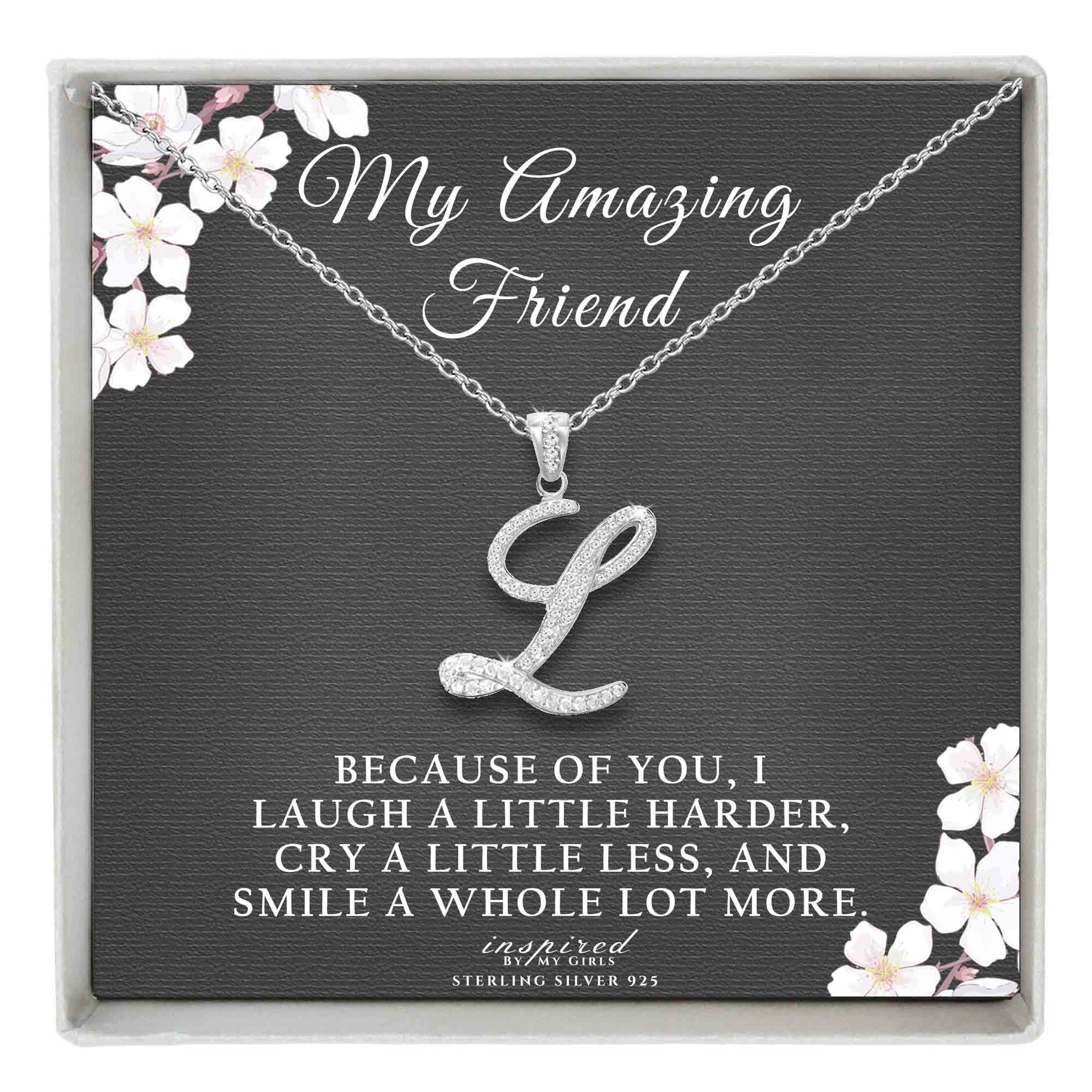 Sterling Silver Initial Necklace CZ Cursive Script Letter Adjustable Chain Keepsake Card Gift