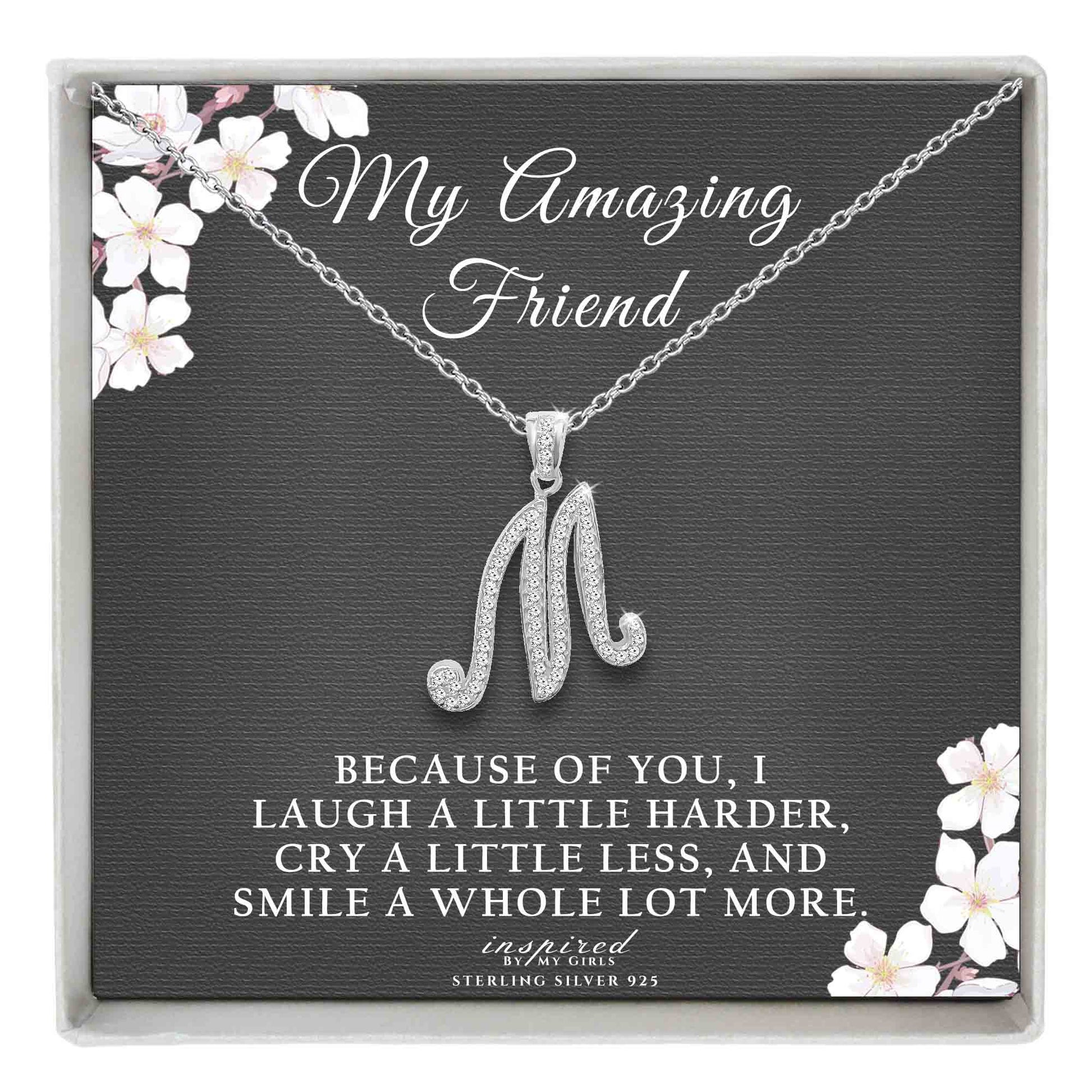Sterling Silver Initial Necklace CZ Cursive Script Letter Adjustable Chain Keepsake Card Gift
