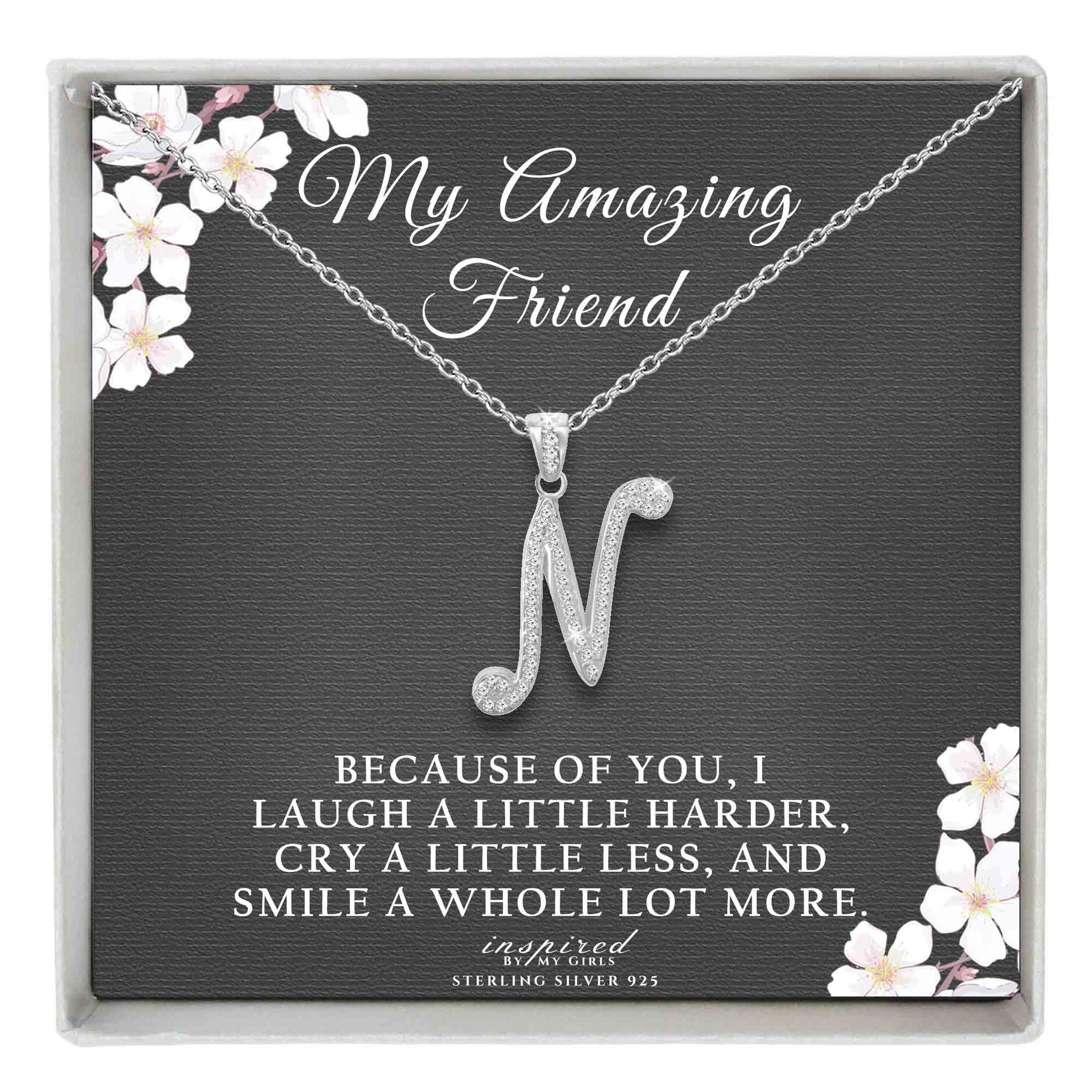 Sterling Silver Initial Necklace CZ Cursive Script Letter Adjustable Chain Keepsake Card Gift
