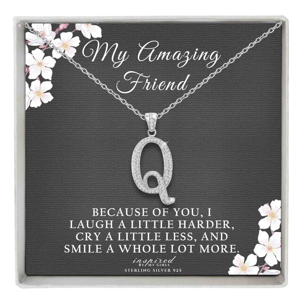 Sterling Silver Initial Necklace CZ Cursive Script Letter Adjustable Chain Keepsake Card Gift