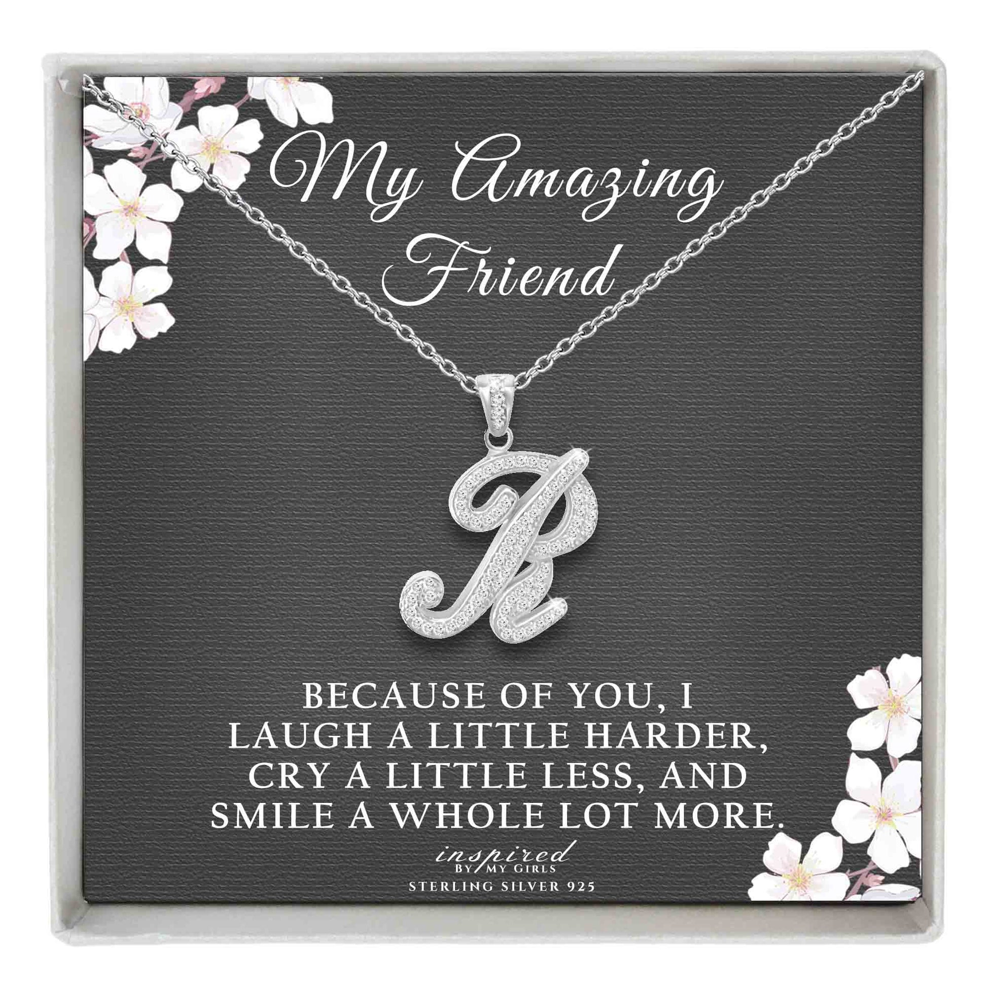 Sterling Silver Initial Necklace CZ Cursive Script Letter Adjustable Chain Keepsake Card Gift