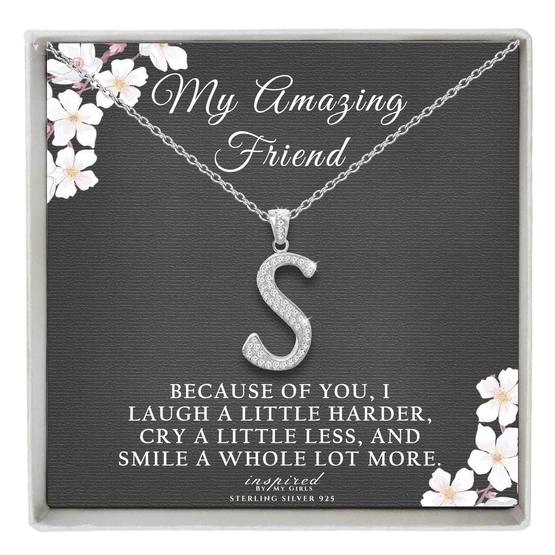 Sterling Silver Initial Necklace CZ Cursive Script Letter Adjustable Chain Keepsake Card Gift