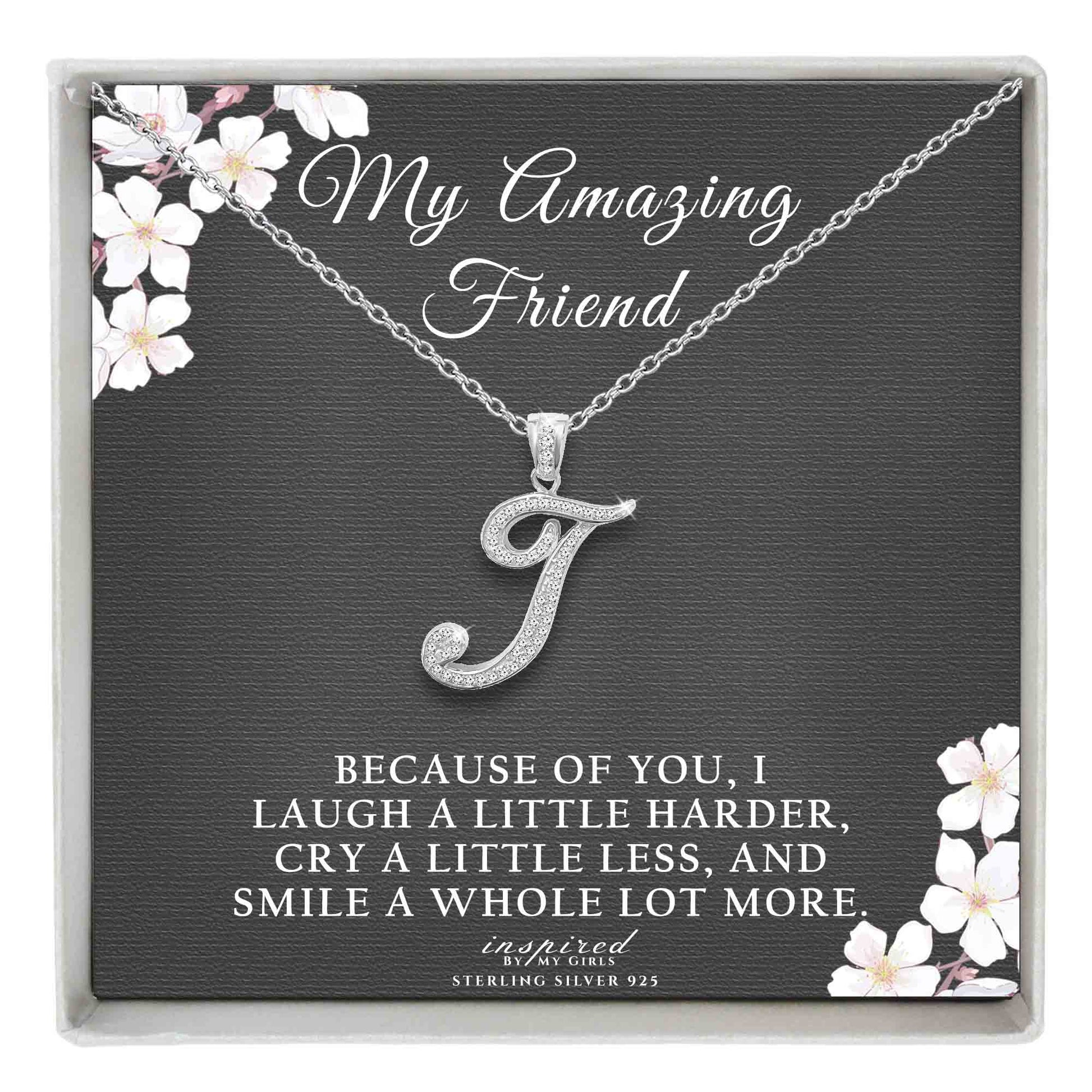 Sterling Silver Initial Necklace CZ Cursive Script Letter Adjustable Chain Keepsake Card Gift