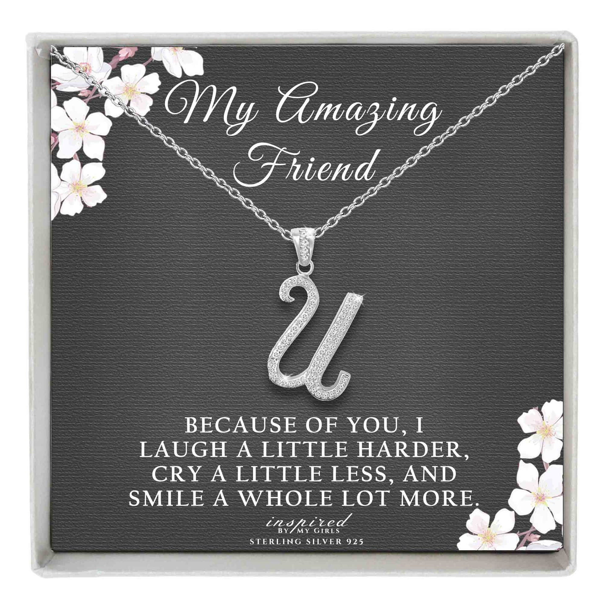 Sterling Silver Initial Necklace CZ Cursive Script Letter Adjustable Chain Keepsake Card Gift