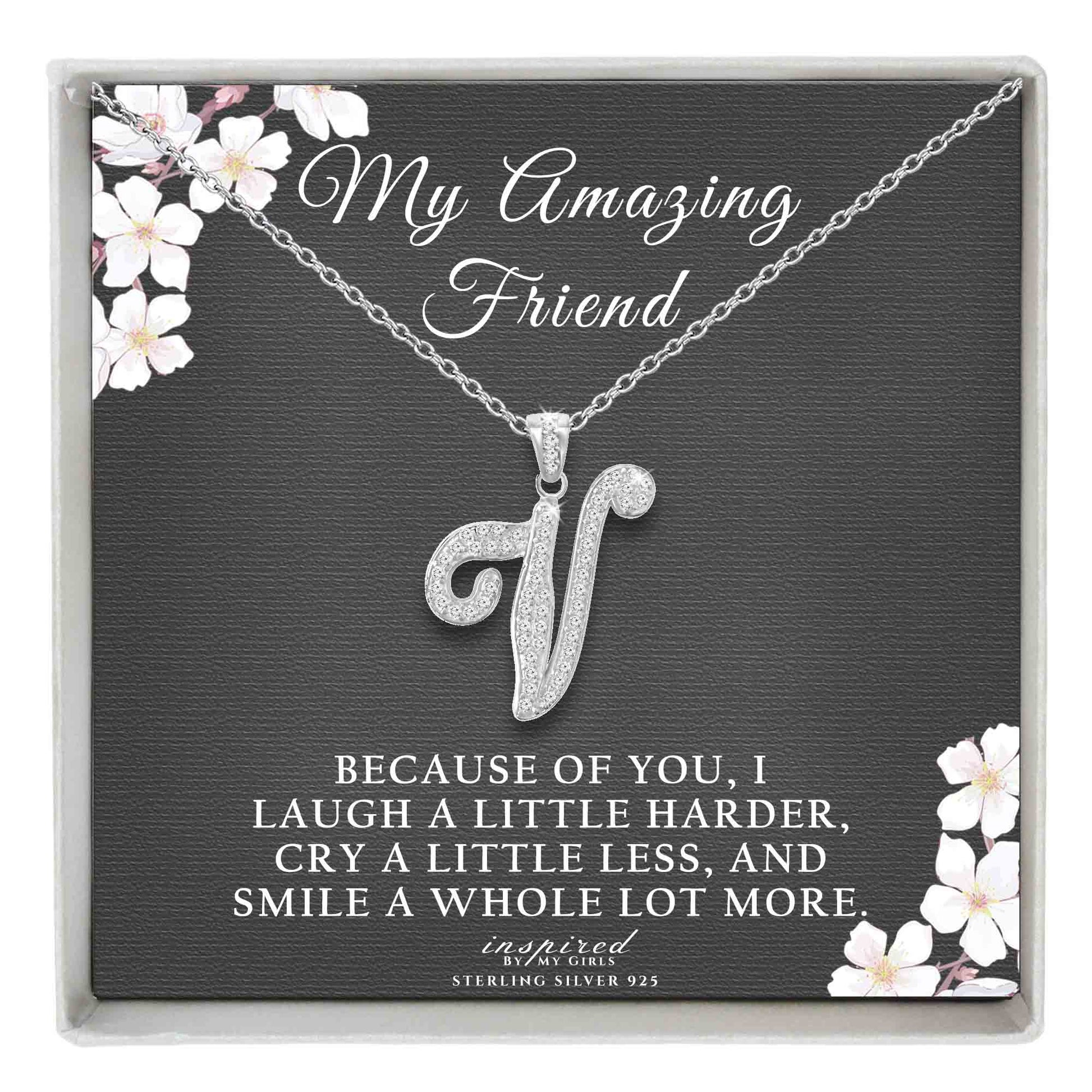 Sterling Silver Initial Necklace CZ Cursive Script Letter Adjustable Chain Keepsake Card Gift