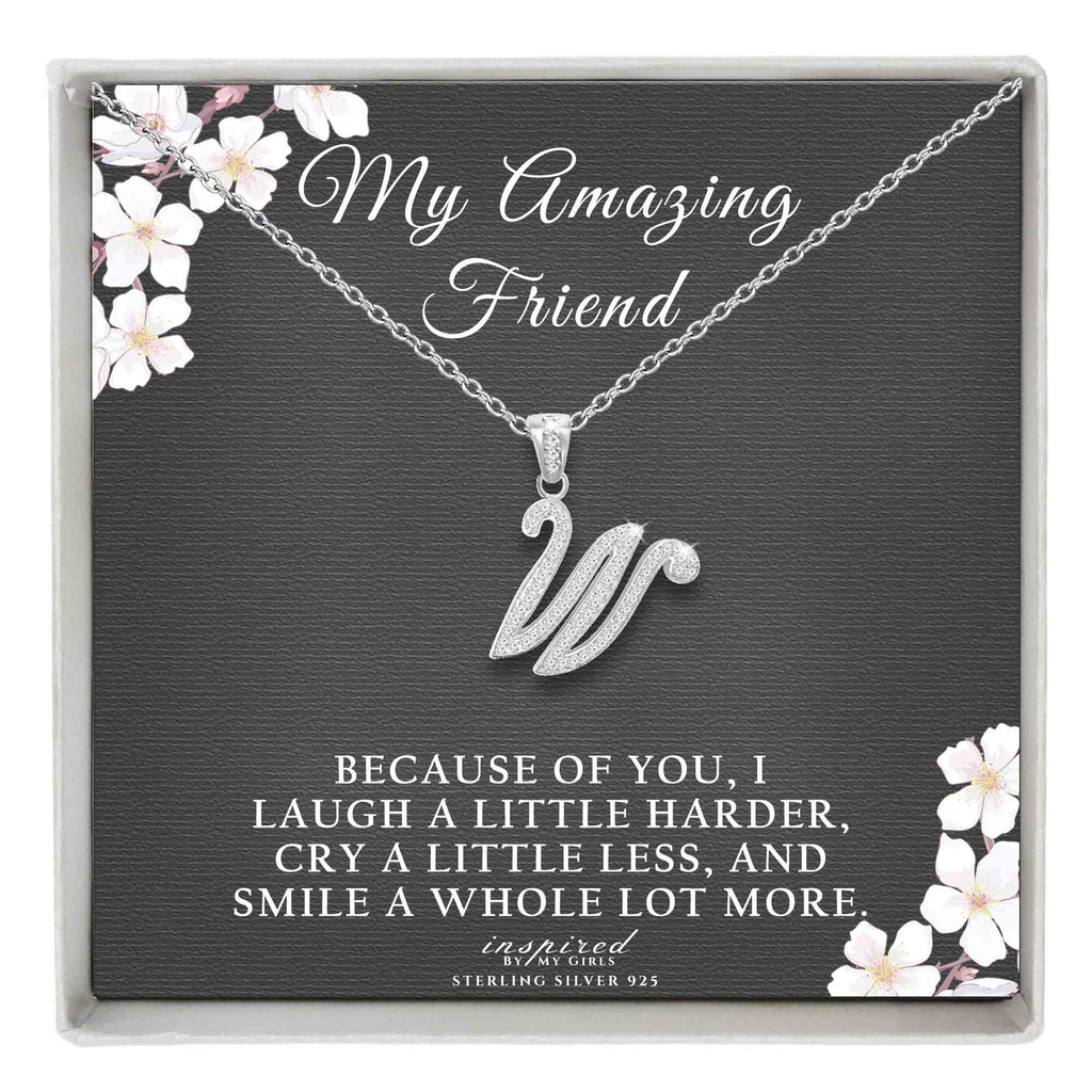 Sterling Silver Initial Necklace CZ Cursive Script Letter Adjustable Chain Keepsake Card Gift