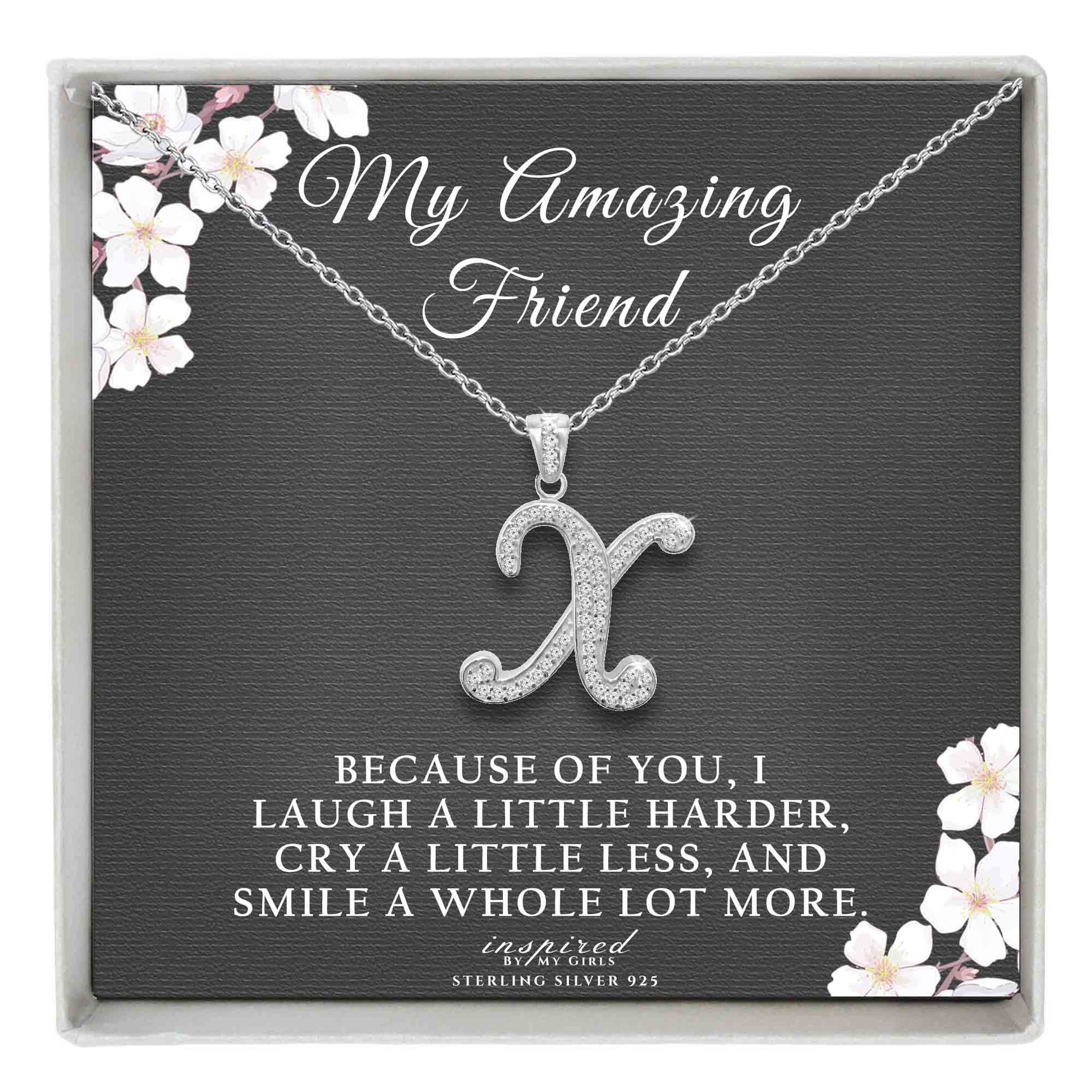 Sterling Silver Initial Necklace CZ Cursive Script Letter Adjustable Chain Keepsake Card Gift